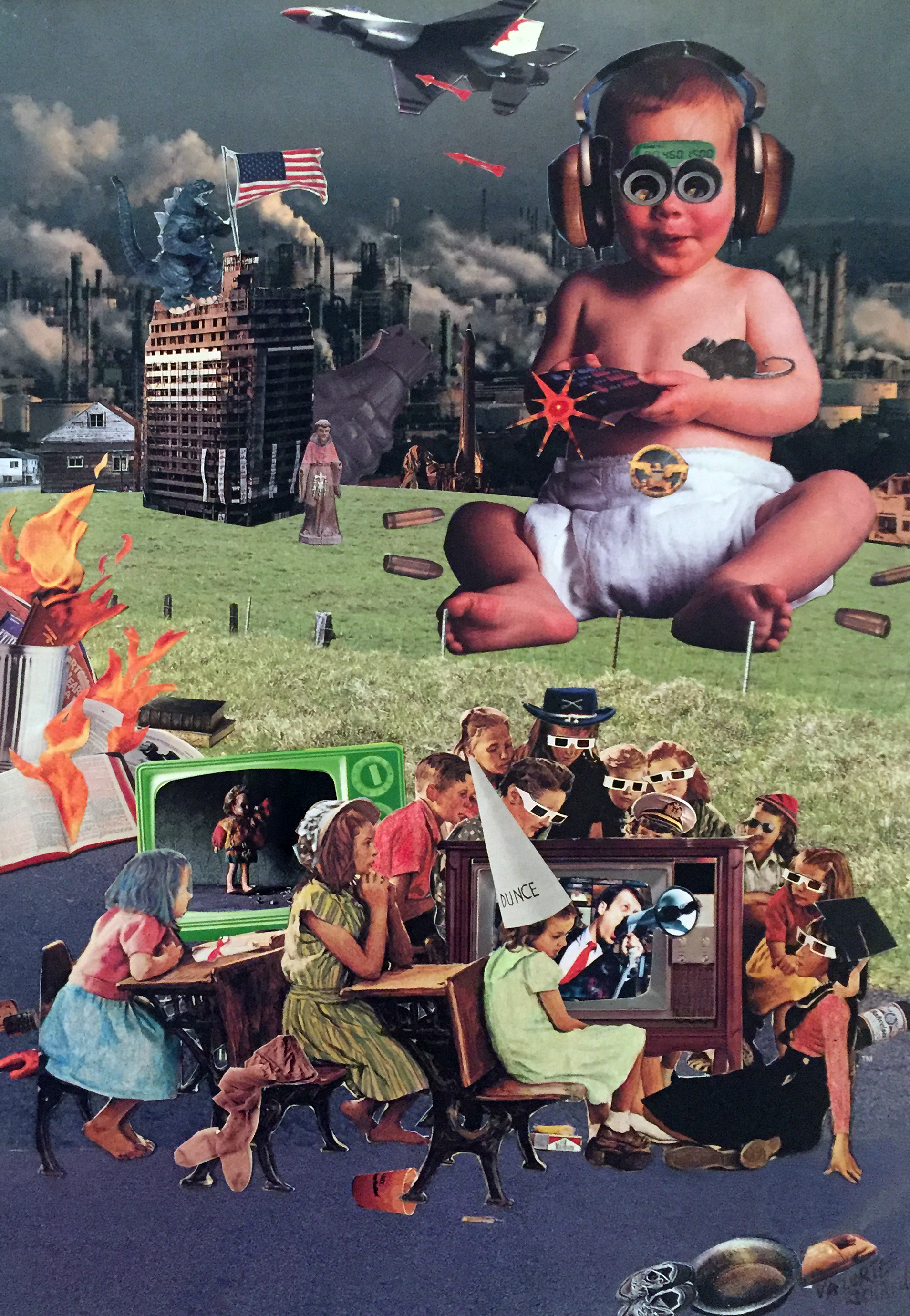Collage of giant baby with remote control school children and burning books
