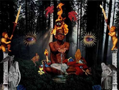 Old man in the woods holding water in hands surrounded by fire birds and religious iconography