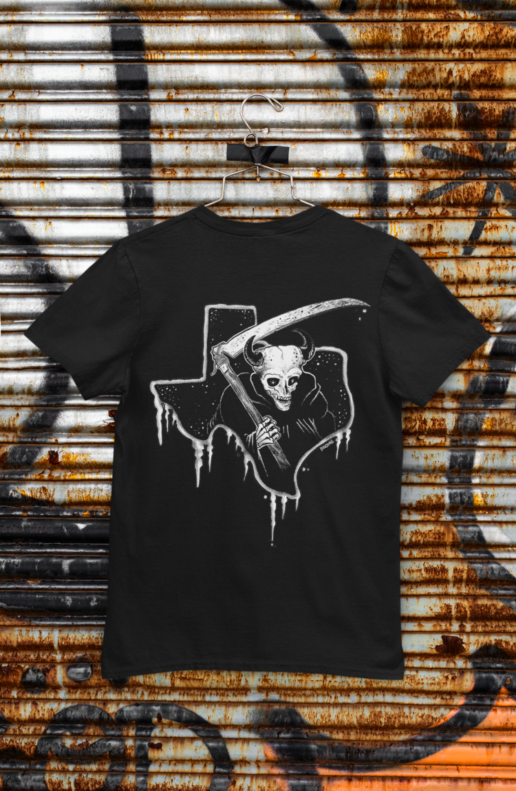 Crowcrumbs' "Texas snow reaper" design printed in white ink on black shirts